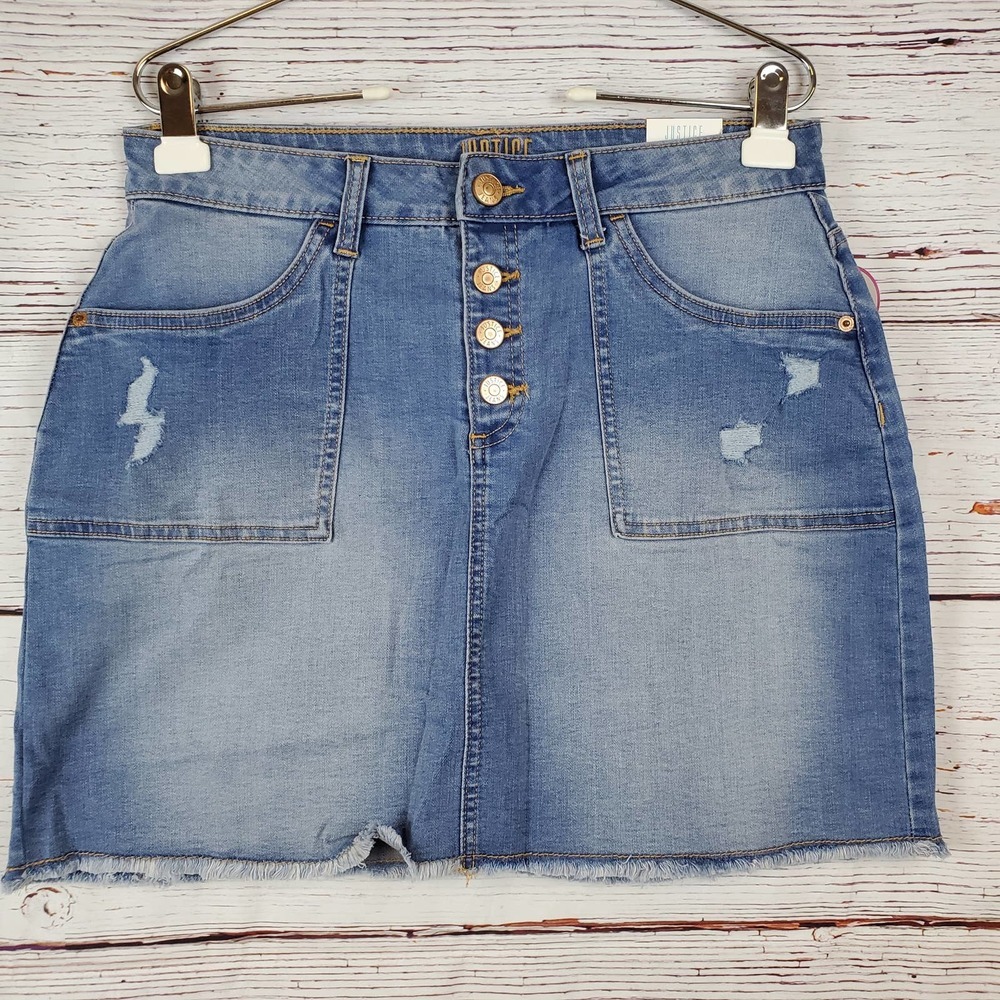 Justice High Waist Distressed Raw Hem Denim Skort Girl 20 Plus Blue Stretch NWT